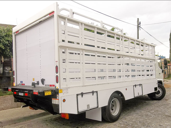 HINO Carroceria clareada en plastitabla, puerta trasera cortina y rampa oculta